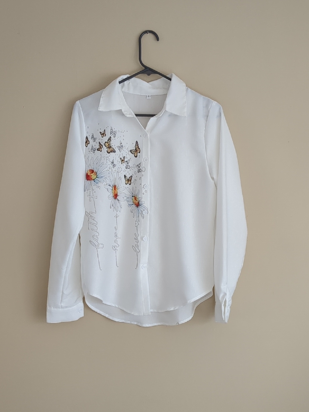 Small Faith Hope Love Button Up Long Sleeve Floral Butterfly Shirt